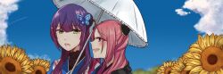 Rule 34 | 2girls, assault lily, black hoodie, blue kimono, blue sky, blurry, blurry background, blush, braid, butterfly hair ornament, cloud, commentary, contrail, day, floral print, flower, frilled umbrella, frills, from side, funada kiito, green eyes, hair bun, hair ornament, hairpods, hood, hood down, hoodie, japanese clothes, kimono, looking at another, looking to the side, lower teeth only, mole, mole under eye, multiple girls, nigari (ngari 0115), official alternate costume, official alternate hairstyle, open mouth, outdoors, parted bangs, print kimono, profile, purple hair, red eyes, red hair, shade, shared umbrella, shiba tomoshibi, side-by-side, side braid, single braid, single side bun, sky, smile, sunflower, symbol-only commentary, teeth, umbrella, white umbrella, yellow flower