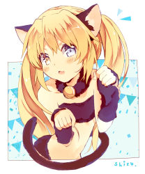 Rule 34 | 1girl, animal ears, ardbf, bare shoulders, bell, black tail, blonde hair, blue eyes, cat ears, cat tail, commentary request, fang, hair between eyes, heterochromia, highres, jewelry, looking at viewer, nakatsu shizuru, necklace, paw pose, rewrite, sketch, solo, tail, yellow eyes