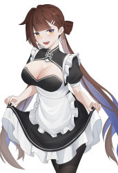 Rule 34 | 1girl, absurdres, alternate costume, black pantyhose, blush, breasts, brown eyes, brown hair, check commentary, cleavage, commentary request, earrings, enmaided, hair ornament, hairclip, highres, honkai (series), honkai impact 3rd, jewelry, large breasts, li sushang, long hair, maid, open mouth, pantyhose, puffy short sleeves, puffy sleeves, short sleeves, smile, sye-, teeth, upper teeth only