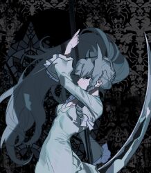 Rule 34 | 1girl, arm up, black background, blue dress, blue hair, braid, breasts, cleavage, dress, frilled dress, frilled sleeves, frills, grey background, grey eyes, hair horns, highres, holding, holding scythe, korean commentary, long hair, long sleeves, looking at viewer, original, pale skin, ponytail, sasi mozzi1, scythe, solo, standing, twin braids, upper body, very long hair, wide sleeves