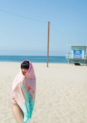 Rule 34 | 1girl, aida rikako, beach, highres, looking to the side, outdoors, photo (medium), smile, towel, voice actor
