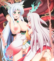Rule 34 | 2girls, age difference, anus, apollousa bow of the goddess, arms behind head, bar censor, blue hair, blush, breasts, breasts, breasts out, censored, cleft of venus, clothed sex, detached sleeves, duel monster, female focus, frottage, gem, green eyes, green gemstone, highres, kurikara divincarnate, large breasts, long hair, multiple girls, nipples, onee-loli, paid reward available, paradox 1818, pink hair, pubic hair, pussy, rape, red eyes, restrained, size difference, small breasts, standing, surprised, tagme, thigh straddling, very long hair, white hair, yuri