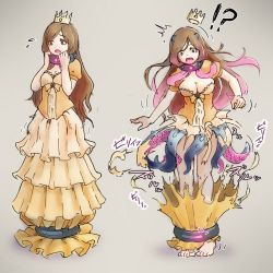 Rule 34 | 1girl, blush, breasts, brown eyes, brown hair, c-c (lasshenge), cleavage, corruption, dress, horns, large breasts, long hair, monster girl, multicolored hair, multiple views, open mouth, original, parted bangs, pink hair, princess, simple background, standing, tentacles, tiara, torn clothes, transformation, transforming clothes