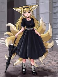 Rule 34 | 1girl, :d, absurdres, alternate costume, alternate hairstyle, animal ears, arknights, black choker, black dress, black hair, black hairband, blonde hair, blush, breasts, building, choker, closed umbrella, collarbone, dress, fox ears, fox girl, fox tail, full body, green eyes, grey socks, hair down, hairband, highres, kitsune, kyuubi, long hair, looking at viewer, multiple tails, open mouth, outdoors, road, rylaera, shoes, short sleeves, sketch, small breasts, smile, socks, solo, stairs, standing, street, suzuran (arknights), tail, umbrella