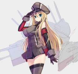 Rule 34 | 10s, 1girl, bismarck (kancolle), bismarck kai (kancolle), black gloves, blonde hair, blue eyes, breasts, elbow gloves, gloves, grey thighhighs, hat, kantai collection, large breasts, long hair, military, military hat, military uniform, peaked cap, personification, salute, sketch, solo, tahya, thighhighs, uniform, very long hair, zettai ryouiki