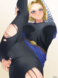 Rule 34 | 1girl, absurdres, android 18, anus, belt, blonde hair, blue eyes, blush, bob cut, breasts, bumbledoge, cleft of venus, closed mouth, dragon ball, dragonball z, earrings, embarrassed, female focus, groin, highres, jacket, jewelry, large breasts, leg up, legs, looking at viewer, medium hair, no panties, pantyhose, pussy, raglan sleeves, simple background, skirt, solo, standing, standing on one leg, thighs, torn clothes, torn pantyhose