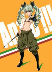 Rule 34 | 10s, 1girl, anchovy (girls und panzer), anzio military uniform, bare shoulders, bikini, bikini top only, black gloves, boots, breasts, clothes around waist, drill hair, flag background, girls und panzer, gloves, green hair, hair ribbon, highres, italian flag, jacket, jacket around waist, jodhpurs, looking at viewer, navel, pants, pointing, pointing at viewer, red eyes, ribbon, riding crop, small breasts, smile, solo, swimsuit, tasaka shinnosuke, twintails