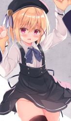 Rule 34 | 1boy, 1girl, beret, black headwear, black ribbon, black skirt, black thighhighs, blonde hair, blue bow, blush, bow, collared shirt, commentary request, dress shirt, groin, hair between eyes, hair ornament, hat, highres, holding another&#039;s wrist, kujou danbo, long sleeves, looking at viewer, open mouth, original, pleated skirt, red eyes, ribbon, shirt, skirt, solo focus, suspender skirt, suspenders, sweat, thighhighs, white shirt, x hair ornament