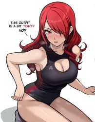 Rule 34 | black leotard, blush, breasts, cleavage, cleavage cutout, clothing cutout, collarbone, english text, hair over one eye, highres, kirijou mitsuru, kneeling, large breasts, leotard, lepypepy, lips, looking at viewer, nose blush, parted lips, persona, persona 3, red eyes, red hair, simple background, sleeveless, sweat, thighs, white background
