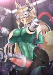Rule 34 | 1girl, ^^^, animal ears, arm behind back, black pantyhose, blonde hair, breasts, cable, censored, commentary request, covered navel, cum, cum milking, ejaculation, fox ears, fox girl, fox tail, futanari, green leotard, head-mounted display, highres, lactation, large breasts, leotard, long hair, machinery, milking machine, mosaic censoring, nandz, nipples, open mouth, original, pantyhose, penis milking, restrained, see-through, sex machine, skin tight, solo, tail, tongue, tongue out, torn clothes, torn leotard, torogao, yellow eyes