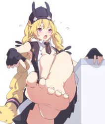 Rule 34 | 1girl, bad id, bad pixiv id, barefoot, blonde hair, blush, braid, breasts, collared shirt, feet, fingerless gloves, foot focus, from below, girls&#039; frontline, gloves, hand on table, hat, unworn legwear, long hair, looking at viewer, necktie, open mouth, purple eyes, shirt, shoes, unworn shoes, sitting, small breasts, solo, sr-3mp (girls&#039; frontline), sweat, twin braids, twintails, unimon e, very long hair