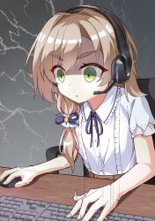 Rule 34 | 1girl, blue ribbon, brown hair, casual, center frills, collared shirt, commentary request, computer keyboard, computer mouse, concentrating, constricted pupils, eyes visible through hair, frilled shirt, frilled shirt collar, frills, green eyes, grey background, hair intakes, hair ornament, hair ribbon, hair scrunchie, headphones, headset, highres, long hair, looking afar, low side ponytail, mikuni sairi, motion lines, neck ribbon, parted lips, ribbon, scrunchie, sesen2000, shirt, short sleeves, simple background, solo, swept bangs, tenshi souzou re-boot!, thick eyebrows, tsurime, upper body, v-shaped eyebrows, white scrunchie, white shirt, wide-eyed