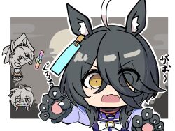 Rule 34 | 2girls, agnes tachyon (umamusume), ahoge, alternate hair length, alternate hairstyle, animal ear fluff, animal ears, basket, black hair, bone, border, bow, brown hair, chemical structure, chibi, closed mouth, commentary request, earrings, ears down, hair between eyes, hat, highres, holding, holding basket, holding bone, horse ears, horse girl, jewelry, kawamochi (tddm3573), long sleeves, looking at viewer, manhattan cafe (umamusume), mouth hold, multicolored hair, multiple girls, multiple views, open mouth, purple shirt, sailor collar, school uniform, shirt, short hair, single earring, streaked hair, tracen school uniform, umamusume, v-shaped eyebrows, white border, white hair, witch hat, wolf cut