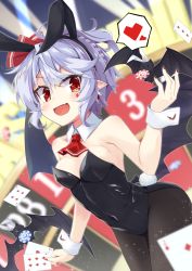 Rule 34 | 1girl, ahoge, akisome hatsuka, alternate costume, alternate hairstyle, animal ears, arched back, arm up, ascot, bare shoulders, bat (animal), bat wings, black leotard, black pantyhose, blue hair, blurry, blurry background, blurry foreground, braid, breasts, bunny day, card, cleavage, commentary request, detached collar, facial mark, fake animal ears, fang, french braid, hair between eyes, hair ribbon, heart, holding, holding card, leotard, looking at viewer, nail polish, open mouth, pantyhose, partial commentary, playboy bunny, playing card, pointy ears, poker chip, rabbit ears, rabbit tail, red ascot, red eyes, red nails, remilia scarlet, ribbon, roulette table, searchlight, short hair, short ponytail, sideboob, skin fang, slit pupils, small breasts, solo, sparkle, spoken heart, table, tail, touhou, wings, wrist cuffs