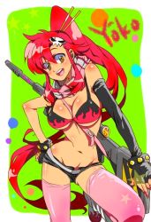 Rule 34 | 00s, 1girl, anti-materiel rifle, bad id, bad pixiv id, between breasts, bikini, bikini top only, blush, body blush, boots, breasts, cleavage, fingerless gloves, gloves, gun, gun sling, hair ornament, hand on own hip, hip focus, large breasts, long hair, navel, open mouth, pink thighhighs, ponytail, red hair, rifle, scarf, short shorts, shorts, smile, sniper rifle, solo, studded bracelet, swimsuit, tengen toppa gurren lagann, thighhighs, underboob, very long hair, weapon, xsaino, yellow eyes, yoko littner