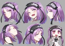 Rule 34 | 1girl, blush, breasts, chibi, closed mouth, collarbone, dress, euryale (fate), euryale (third ascension) (fate), expression chart, fate/hollow ataraxia, fate (series), frilled hairband, frills, hairband, long hair, looking at viewer, minami koyogi, multiple views, open mouth, parted bangs, parted lips, purple eyes, purple hair, riyo (lyomsnpmp) (style), sidelocks, small breasts, smile, twintails, very long hair, white dress