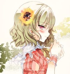 Rule 34 | 1girl, bad id, bad twitter id, blush, bow, cierra (ra-bit), flower, frills, from side, green hair, hair flower, hair ornament, kazami yuuka, light smile, looking at viewer, plaid, plaid shirt, portrait, profile, puffy sleeves, ra-bit, red eyes, shirt, short hair, short sleeves, simple background, smile, solo, sunflower, text focus, touhou, upper body, wavy mouth, wrist cuffs, yellow background