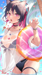 Rule 34 | 1girl, absurdres, amahara subaru, animal ears, bikini, bikini under clothes, black choker, black hair, blush, breasts, cat ears, cat tail, choker, claw pose, colored inner hair, commentary request, day, fang, highres, holding, holding swim ring, innertube, large breasts, long hair, looking at viewer, multicolored hair, open mouth, original, outdoors, pink eyes, pink hair, ponytail, see-through, see-through shirt, short shorts, shorts, solo, streaked hair, swim ring, swimsuit, tail, thigh strap, two-tone hair, water