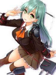 Rule 34 | 10s, 1girl, agarwood, aqua hair, blush, breasts, brown thighhighs, green eyes, hair ornament, hairclip, highres, kantai collection, large breasts, long hair, looking at viewer, mecha musume, open mouth, simple background, skirt, smile, solo, suzuya (kancolle), thighhighs, white background, zettai ryouiki