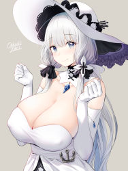 Rule 34 | 1girl, anchor, azur lane, bare shoulders, blue eyes, breasts, cleavage, clenched hands, covered erect nipples, detached collar, dress, elbow gloves, gloves, grey background, hair ribbon, hands up, hat, highres, huge breasts, illustrious (azur lane), lace-trimmed headwear, lace trim, large breasts, long hair, looking at viewer, mole, mole under eye, oekakizuki, ribbon, sash, signature, silver hair, smile, solo, strapless, strapless dress, sun hat, tress ribbon, tri tails, upper body, very long hair, white dress, white gloves, white hat