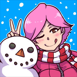 Rule 34 | 1girl, ;q, akairiot, animal crossing, blue background, blush, brown eyes, coat, looking at viewer, lowres, nintendo, one eye closed, pink hair, scarf, short hair, simple background, smile, snowing, snowman, solo, striped clothes, striped scarf, super smash bros., tongue, tongue out, v, villager (animal crossing), winter clothes, winter coat