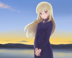 Rule 34 | 1girl, alternate costume, bad id, bad pixiv id, birthday, blonde hair, cloud, coat, commentary, cowboy shot, glasses, head tilt, highres, hill, light smile, long hair, own hands together, perrine h. clostermann, shiratama (hockey), sky, solo, strike witches, sunset, upper body, water, wind, winter clothes, world witches series, yellow eyes