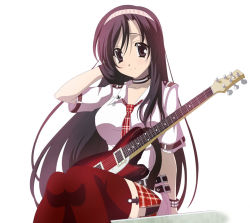 Rule 34 | 00s, 1girl, artist request, black eyes, black hair, blush, breasts, electric guitar, gibson les paul, guitar, instrument, long hair, necktie, school days, school uniform, simple background, sitting, smile, solo, source request