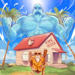 Rule 34 | 1boy, absurdres, andrew goudreau, bald, beard, blue sky, cane, cloud, coconut tree, commentary, day, dragon ball, dragon ball (classic), dragon ball (object), english commentary, facial hair, facing viewer, feet out of frame, hawaiian shirt, highres, holding, holding cane, house, kame house, large pectorals, lens flare, looking at viewer, male focus, muscular, muscular male, mustache, muten roushi, ocean, old, old man, orange shirt, outdoors, palm tree, pectorals, red-framed eyewear, shirt, shorts, sky, solo, staff, standing, sunglasses, tree, veins, waving, white facial hair, white hair, white shorts