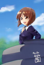 Rule 34 | 1girl, artist name, blue jacket, blue sky, blurry, blurry background, brown eyes, brown hair, cloud, cloudy sky, commentary, dated, day, depth of field, from side, girls und panzer, hand on own throat, highres, jacket, long sleeves, looking at viewer, military, military uniform, mimic (ryon733), nishizumi miho, one-hour drawing challenge, ooarai military uniform, open mouth, outdoors, short hair, signature, sky, smile, solo, tank cupola, throat microphone, uniform