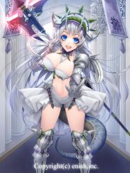 Rule 34 | 1girl, armor, axe, blue eyes, breasts, cleavage, copyright request, dragon tail, female focus, highres, large breasts, long hair, looking at viewer, navel, open mouth, silver hair, smile, solo, standing, ta919, tail, very long hair, weapon