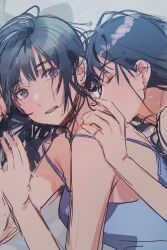 2girls :d black_hair blue_camisole blush camisole closed_eyes commentary fly_(marguerite) grey_eyes hand_on_another&#039;s_shoulder highres kissing_back long_hair looking_at_another looking_at_viewer multiple_girls open_mouth original sidelocks sketch smile teeth upper_body upper_teeth_only yuri