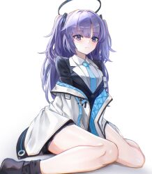 Rule 34 | 1girl, black halo, blue archive, blue necktie, collared shirt, formal, halo, highres, id card, jacket, long hair, mechanical halo, necktie, off shoulder, open clothes, open jacket, purple eyes, purple hair, shirt, sitting, suit, triangle hair ornament, two-sided fabric, two-sided jacket, two side up, umeo (pixiv51103813), wariza, white background, white shirt, yuuka (blue archive)