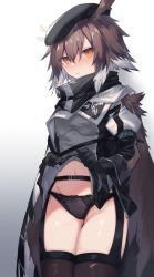Rule 34 | 1girl, ahoge, arknights, armband, bad id, bad twitter id, beret, black gloves, black hat, black panties, black scarf, black thighhighs, blush, bow, bow panties, brown cape, brown hair, cape, clothes lift, commentary request, cowboy shot, feathers, garter belt, gloves, gluteal fold, gradient background, grey background, grey shirt, groin, hat, highres, infection monitor (arknights), lifted by self, looking at viewer, navel, panties, parted lips, plume (arknights), revision, sasa onigiri, scarf, shirt, shirt lift, short hair, solo, sweatdrop, thighhighs, thighs, underwear, yellow eyes