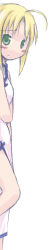 Rule 34 | 00s, 1girl, ahoge, artoria pendragon (all), artoria pendragon (fate), bare arms, blonde hair, blush, dress, embarrassed, fate/stay night, fate (series), green eyes, hiding, looking at viewer, peeking, saber (fate), short hair, simple background, solo, white dress