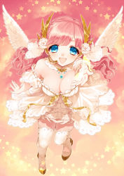 Rule 34 | 10s, 1girl, :d, ange vierge, blue eyes, blush, breasts, cleavage, downblouse, dress, flower, foreshortening, full body, hair flower, hair ornament, head wings, headset, jewelry, long hair, looking at viewer, lots of jewelry, magic, musical note, open mouth, pendant, pink hair, smile, solo, standing, star (symbol), thighhighs, wavy hair, wings