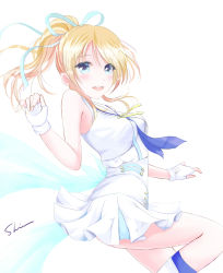 Rule 34 | 10s, 1girl, artist name, ayase eli, bad id, bad pixiv id, blonde hair, blue eyes, blue ribbon, fingerless gloves, from side, gloves, hair ribbon, looking at viewer, love live!, love live! school idol project, pleated skirt, ribbon, shino (shinderera), signature, skirt, solo, white legwear, white skirt, wonderful rush