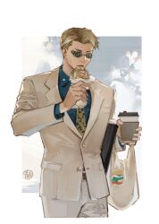 Rule 34 | 1boy, animal print, bag, blonde hair, blue shirt, bread, collared shirt, cowboy shot, cup, disposable cup, food, formal, goggles, grey pants, groceries, grocery bag, guttia, holding, holding food, jujutsu kaisen, lettuce, long sleeves, looking at viewer, male focus, nanami kento, necktie, open mouth, pants, shirt, shopping bag, short hair, solo, yellow necktie