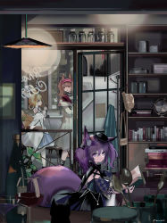 Rule 34 | 3girls, absurdres, angelina (arknights), animal ear fluff, animal ears, arknights, artist name, bag, black cat, black dress, black footwear, black gloves, black headwear, black socks, blonde hair, blue hairband, book, book stack, bottle, brown eyes, brown hair, cafe, cat, ceiling light, christine (arknights), closed mouth, clothes rack, coat, commentary, cup, detached sleeves, dress, drinking glass, enne kl, fork, fox ears, fox tail, glass door, globe, gloves, goth fashion, green eyes, hair between eyes, hair ornament, hair rings, hairband, handbag, hat, highres, holding, holding book, holding staff, infection monitor (arknights), jar, knife, light frown, looking at animal, looking at another, multiple girls, open book, open mouth, plant, potted plant, puffy short sleeves, puffy sleeves, purple eyes, purple hair, red hairband, road, shamare (arknights), shamare (echo of the horrorlair) (arknights), shelf, shoes, short hair, short sleeves, sidewalk, single glove, skull hair ornament, socks, spoon, staff, stool, street, suzuran (arknights), table, tail, twintails, white coat, white dress, wide sleeves, window, wine bottle, wine glass, wrist cuffs