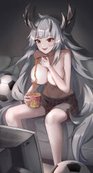 Rule 34 | 1girl, absurdres, ahoge, arknights, ball, bare legs, breasts squeezed together, breasts, collarbone, couch, crt, food, grey hair, highres, horns, large breasts, long hair, matoimaru (arknights), multiple horns, navel, nipples, noodles, on couch, open mouth, pointy ears, red eyes, shorts, sitting, smile, soccer ball, solo, television, topless, very long hair, watching television, wuzhihuijia