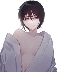 Rule 34 | 1girl, baby (demotsu), bare shoulders, black hair, brown eyes, collarbone, fruits basket, highres, japanese clothes, kimono, light particles, long sleeves, looking at viewer, navel, off shoulder, short hair, simple background, solo, souma akito, spoilers, upper body, white background, white kimono