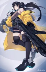 Rule 34 | 1girl, black gloves, black hair, black thighhighs, breasts, carrying bag, colt 9mm smg, from below, girls&#039; frontline, gloves, gun, heterochromia, highres, holding, holding gun, holding weapon, id card, jacket, knee pads, large breasts, long sleeves, low twintails, megaphone, mod3 (girls&#039; frontline), multicolored hair, noveske space invader, off shoulder, open clothes, open jacket, psidubs, red eyes, ro635 (girls&#039; frontline), ro635 (mod3) (girls&#039; frontline), sleeveless, sleeveless sweater, solo, standing, streaked hair, submachine gun, sweater, thigh strap, thighhighs, twintails, weapon, white hair, yellow eyes, yellow jacket