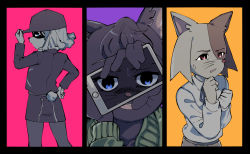 Rule 34 | 4girls, :d, adjusting clothes, adjusting headwear, animal ears, bad id, bad pixiv id, black fur, blue eyes, bright pupils, brown fur, cat ears, cat girl, dog girl, empty eyes, expressionless, fangs, furry, furry female, hand on own hip, hand on own cheek, hand on own face, hat, highres, holding, holding phone, ichimura shiho, jacket, koshianpancake, long sleeves, mitsuya yuki, multiple girls, nikaidou rui, odd taxi, open mouth, phone, pink background, purple background, red eyes, scared, shaded face, shirt, simple background, skirt, smile, spoilers, sweat, tail, two-tone fur, whiskers, white fur, white pupils, white shirt, yellow background