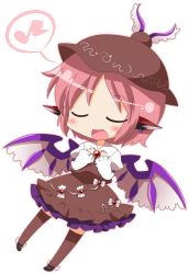 Rule 34 | 1girl, animal ears, ayu (iyokanya), bad id, bad pixiv id, blush, brown dress, brown thighhighs, chibi, closed eyes, dress, earrings, female focus, hands on own chest, hat, jewelry, music, musical note, mystia lorelei, open mouth, pink hair, quaver, short hair, simple background, singing, solo, speech bubble, spoken musical note, thighhighs, touhou, white background, wings, zettai ryouiki