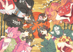 Rule 34 | 4girls, animal ear fluff, animal ears, bell, floral print, fox ears, from above, green kimono, grey kimono, grey sash, hair bell, hair ornament, hand up, haori, japanese clothes, jingle bell, jonsun, kimono, long sleeves, looking at viewer, lying, medium hair, multiple girls, obi, on back, on side, orange eyes, original, parted lips, print kimono, purple sash, red kimono, sash, tassel, wide sleeves, yellow kimono
