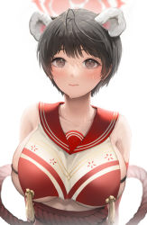 Rule 34 | 1girl, absurdres, ahoge, animal ear fluff, bare shoulders, black hair, blue archive, blush, breasts, brown hair, closed mouth, collarbone, guunhanchi, halo, highres, large breasts, looking at viewer, red sailor collar, revealing clothes, rope, sailor collar, shimenawa, short hair, smile, solo, sweat, tassel, tsubaki (blue archive), underboob, upper body