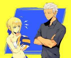 Rule 34 | 1boy, 1girl, ;), ahoge, archer (fate), artoria pendragon (all), artoria pendragon (fate), ball, bikini, blonde hair, blue background, blue ribbon, border, braid, braided bun, closed mouth, collarbone, collared shirt, cropped arms, dress shirt, eye contact, fate/stay night, fate (series), green eyes, grey eyes, grey shirt, hair between eyes, hair bun, hair ribbon, holding, holding ball, looking at another, one eye closed, ribbon, saber (fate), shirt, short hair, short sleeves, side-tie bikini bottom, sketch, smile, spiked hair, strapless, strapless bikini, swimsuit, upper body, volleyball, volleyball (object), vvv1356 ygo, white bikini, white hair, wing collar, yellow border
