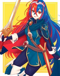 Rule 34 | 1girl, absurdres, alear (female) (fire emblem), alear (fire emblem), blue eyes, blue hair, blush, cape, cosplay, crossed bangs, falchion (fire emblem), fingerless gloves, fire emblem, fire emblem awakening, fire emblem engage, gloves, hair between eyes, heterochromia, highres, long hair, looking at viewer, lucina (fire emblem), lucina (fire emblem) (cosplay), multicolored hair, nintendo, open mouth, red eyes, red hair, simple background, smile, solo, split-color hair, sword, tiara, truejekart, two-tone hair, very long hair, weapon