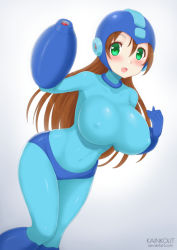 Rule 34 | 1girl, arm cannon, bent over, blush, bodysuit, breasts, brown hair, buster, capcom, choker, genderswap, genderswap (mtf), gloves, gradient background, green eyes, hair between eyes, helmet, kainkout, large breasts, long hair, looking at viewer, mega man (character), mega man (classic), mega man (series), open mouth, rockgirl, signature, simple background, solo, spandex, tight clothes, weapon, white background, wide hips
