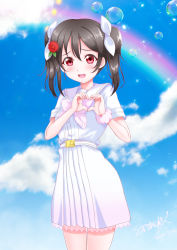 Rule 34 | 1girl, a song for you! you? you!, artist name, bare legs, belt, black hair, blue sky, blush, bow, bubble, cloud, collarbone, female focus, flower, hair bow, hair flower, hair ornament, heart, heart hands, highres, looking at viewer, love live!, love live! school idol project, nanase tatsuki (aurora illusion), neckerchief, nico nico nii, one eye closed, outdoors, parted lips, pink neckerchief, pink scrunchie, rainbow, red eyes, red flower, sailor collar, scrunchie, shirt, short hair, skirt, sky, smile, solo, twintails, white belt, white bow, white legwear, white shirt, white skirt, yazawa nico