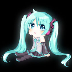 Rule 34 | 1girl, absurdres, artist request, black background, black skirt, blouse, chibi, detached sleeves, full body, grey shirt, hair between eyes, hair ornament, hatsune miku, highres, long hair, looking at viewer, necktie, open mouth, shirt, skirt, sleeveless, sleeveless shirt, smile, solo, twintails, vocaloid
